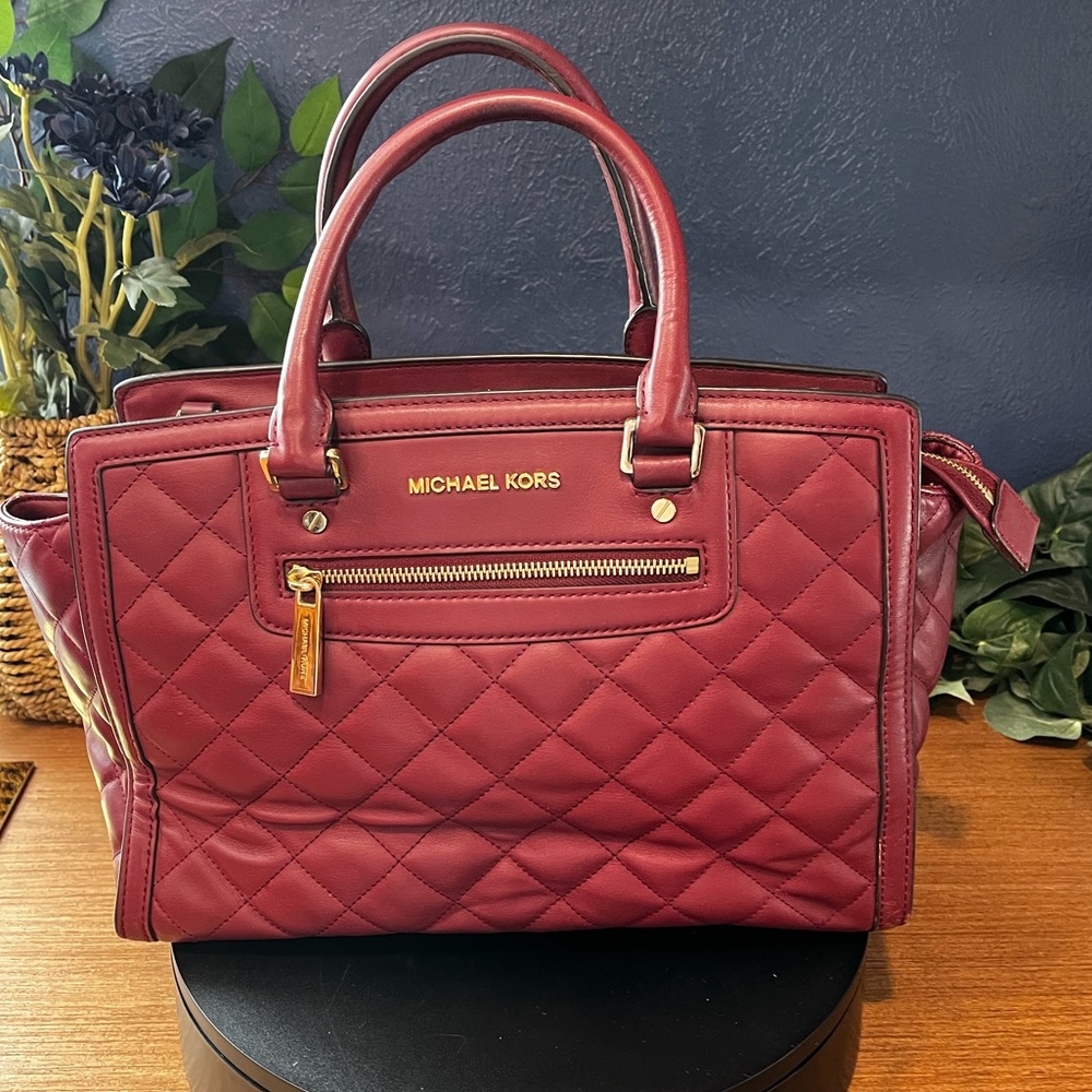 Michael Kors Selma Quilted Leather Medium Top Zip Satchel Crossbody Claret